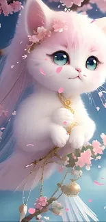 Fluffy white kitten among cherry blossoms with a pastel blue sky backdrop.