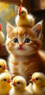Orange kitten with yellow chicks in a cozy barn setting.