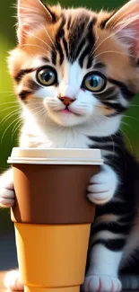 A cute kitten holding a coffee cup with a green background.