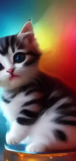 Cute kitten with vibrant blue, red, and yellow background.