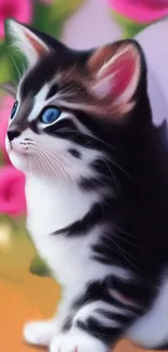 Cute kitten with blue eyes and vibrant background featuring pink flowers.