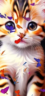 Cute kitten with vibrant butterflies wallpaper.