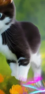 Adorable black and white kitten with blue eyes and a colorful glow on green background.