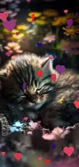 Adorable kitten sleeping among colorful hearts and flowers.