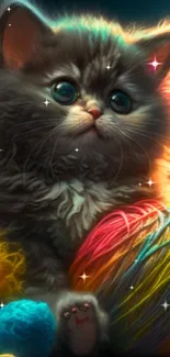 Cute fluffy kitten with colorful yarn balls on a soft surface.