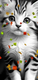 Cute black and white kitten with colorful confetti.