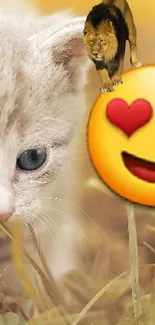 Adorable kitten with lion and heart-eye emoji on grass background.