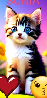 Adorable kitten with heart and kiss emojis in a colorful flower scene.