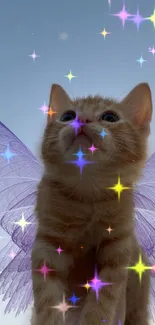 Orange kitten with purple fairy wings in a blue sky.