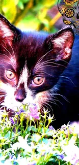 Black and white kitten in flowers with artistic skull design.