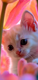 Adorable kitten in vibrant pink flowers.