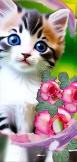 Adorable kitten with pink flowers and a vibrant green background.