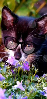 A cute black kitten wearing glasses amidst vibrant purple flowers.