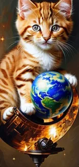 Whimsical art of a kitten holding a globe in space-themed background.