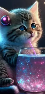 Cute kitten next to a glowing, sparkling drink.