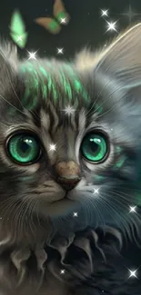 Enchanting kitten with green eyes and butterfly wings in digital artwork.