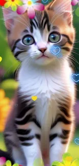 Adorable kitten with colorful hearts and flowers on a mobile wallpaper.