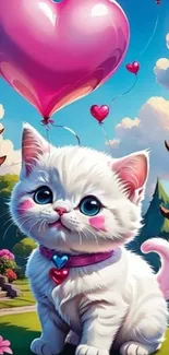 Cute white kitten with pink heart balloon in vibrant setting.