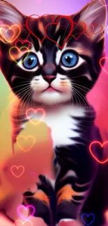 Adorable kitten with colorful heart effects on pink background.