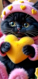 Cute black kitten in a pink hat holding a yellow heart