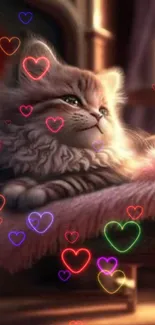 Fluffy kitten with colorful heart lights on fur background.