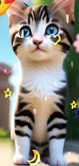 Cute kitten with hearts and stars mobile wallpaper.