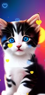 Cute kitten with vibrant blue eyes and heart shapes on a colorful background.