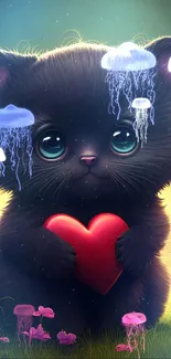 Adorable kitten holding a red heart with glowing jellyfish in a fantasy setting.