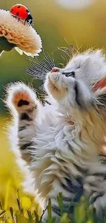 Kitten reaching for ladybug on flower