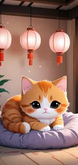 Adorable kitten on cushion with Japanese lanterns in cozy setting.