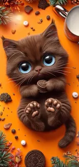 Fluffy brown kitten with big blue eyes on an orange festive background.