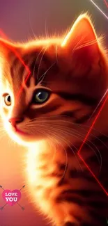 Cute kitten with neon lights background.