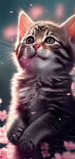 Cute kitten surrounded by pink blossoms in soft background.