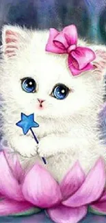 White kitten with pink bow and star wand on a pink lotus.