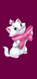 Cartoon white kitten with a pink bow on purple background.