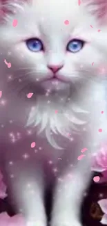 Adorable white kitten with pink flowers and blue eyes.