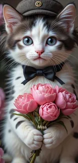 Adorable kitten holding pink flowers and wearing a bow tie.