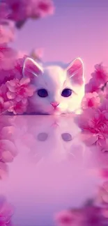 Cute white kitten among pink flowers wallpaper.