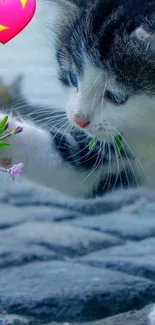 Cute kitten touches flower beside colorful heart icon.