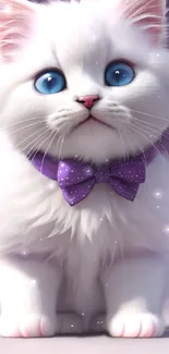 Fluffy white kitten with blue eyes and a purple bow tie on a purple background.