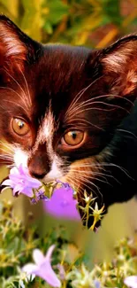 Cute kitten smelling purple flowers in a vibrant garden scene.