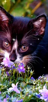 Black and white kitten sniffing purple flowers among green leaves.