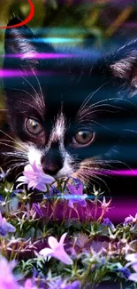 Black and white kitten among purple flowers with a heart accent.