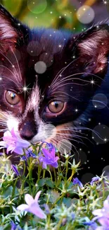 Adorable kitten with purple flowers and sparkles, ideal mobile wallpaper.