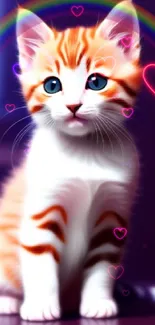 Adorable kitten with blue eyes and a vibrant rainbow on a purple background.