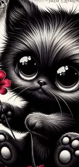 Cartoon kitten holding a red flower.