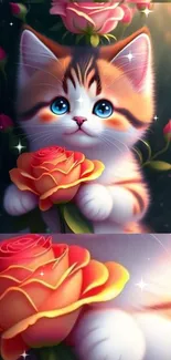 Adorable kitten with a rose mobile wallpaper in vibrant colors.