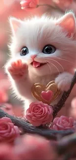 Cute kitten with heart amidst pink roses.