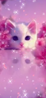 Cute white kitten surrounded by pink flowers and sparkles.