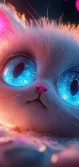 Whimsical kitten with sparkling eyes and heart shapes, perfect for mobile wallpaper.
